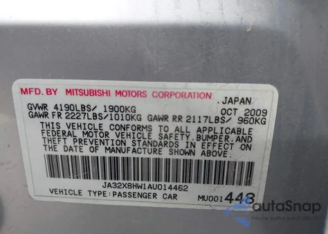 2010 Mitsubishi Lancer Sportback Gts z USA, uszkodzony, nr VIN JA32X8HW1AU014462